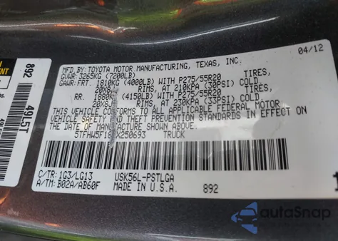 2012 Toyota Tundra Limited 5.7L V8 из США, поврежденный, VIN 5TFHW5F18CX250693